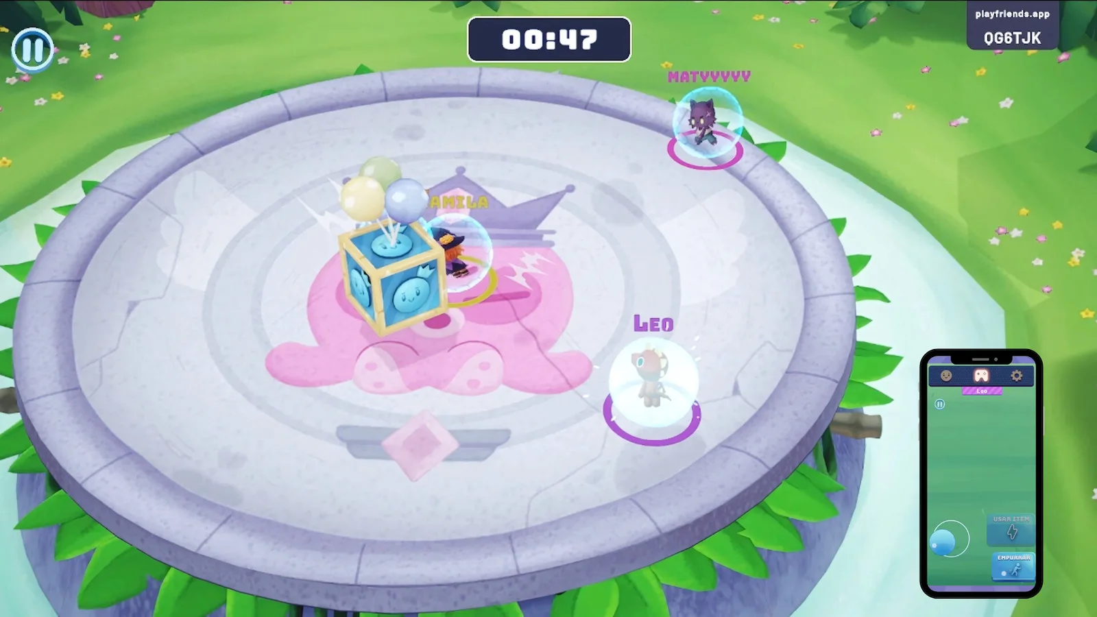 Knockout mini-game: characters in spheres shove each other off an icy platform on the shared screen.