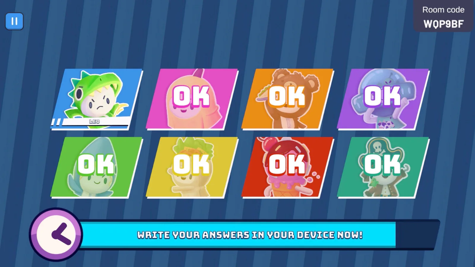 Punchline mini-game: two written answers shown side by side for players to vote on the funniest.