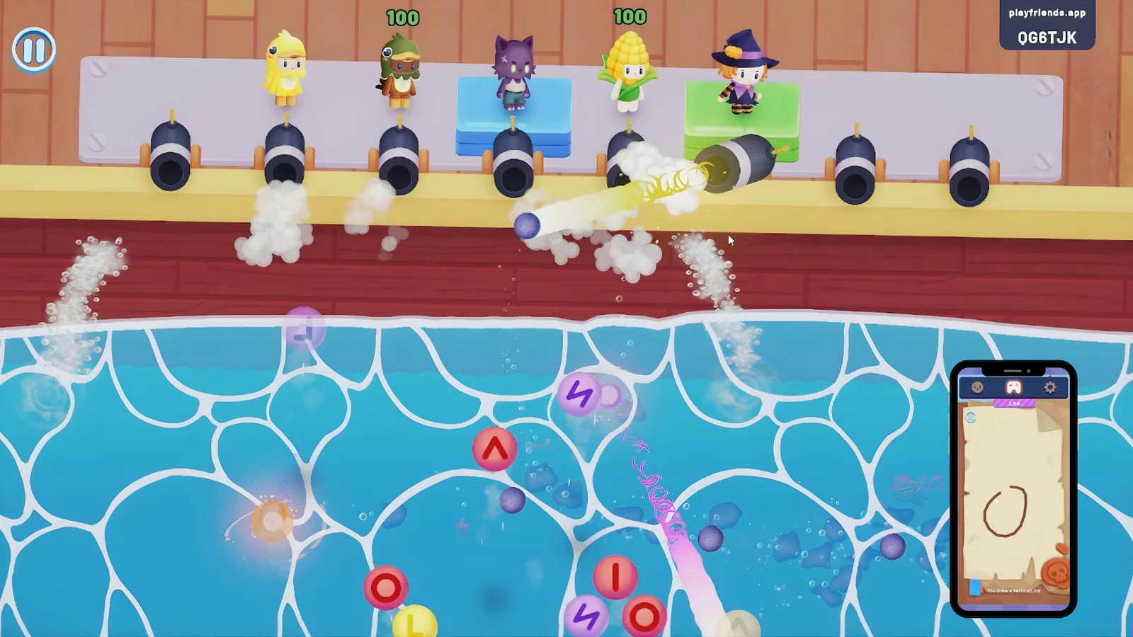Ship Shapes mini-game: geometric shapes fall toward the ships as players draw them to defend.